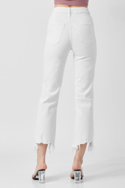 White High Rise Cropped Straight Leg Jeans