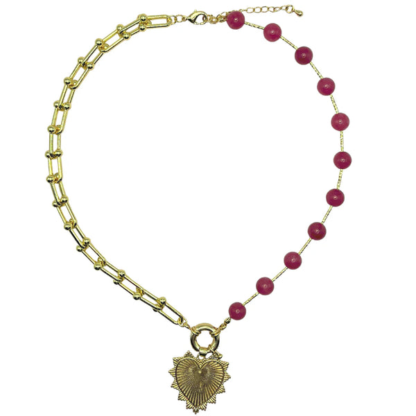 Intricate Heart Charm Necklace - Raspberry