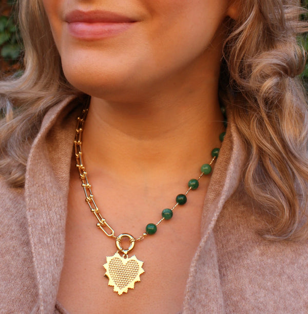 Intricate Heart Charm Necklace - Emerald