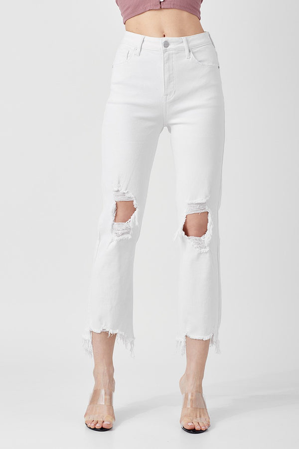 White High Rise Cropped Straight Leg Jeans