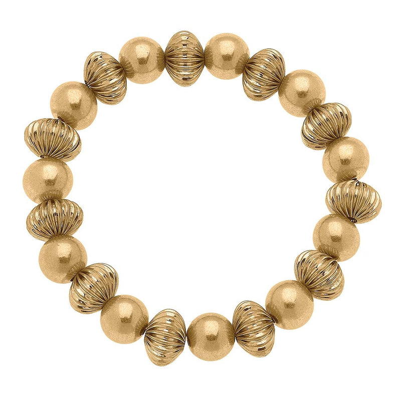 Adeline Ribbed Metal Ball Bead Stretch Bracelet in Worn Gold